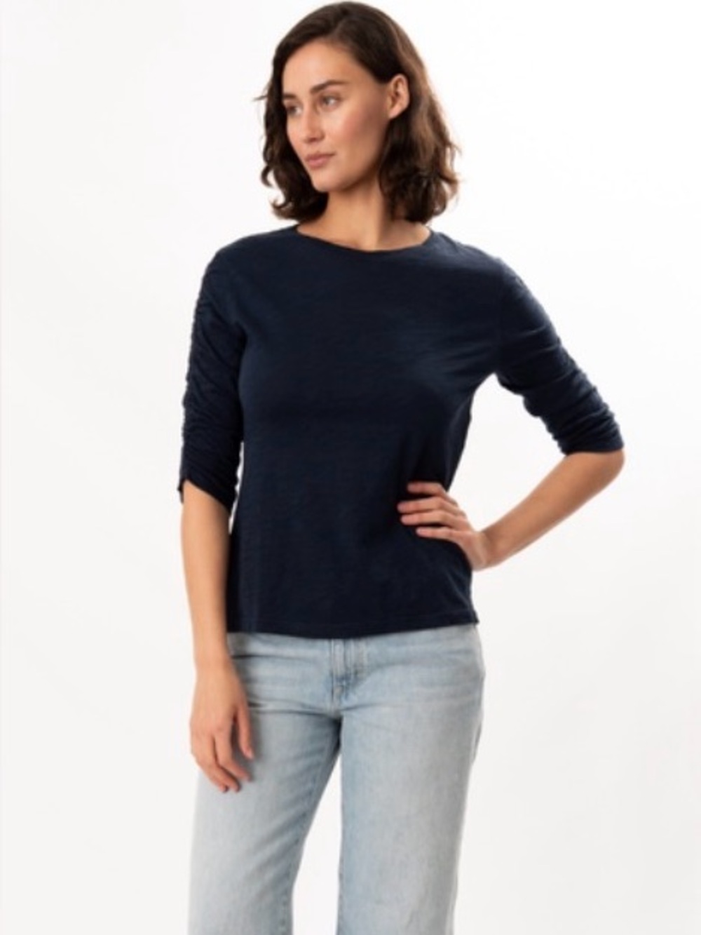 Elliott Lauren 3/4 Ruched Sleeve T-Shirt Tee Cotton Navy Size SMALL